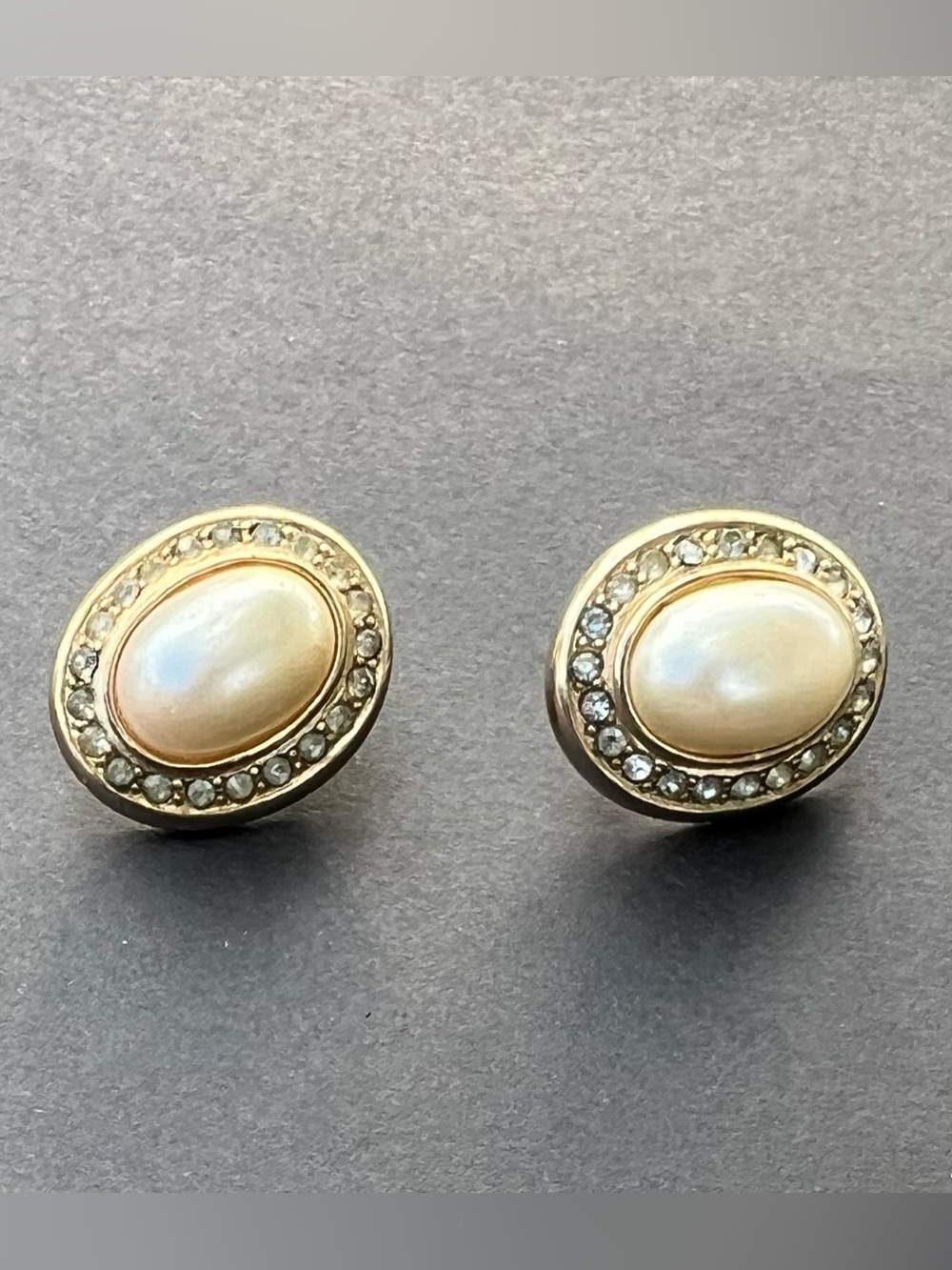 Gold-Tone Pearl Halo Stud Earrings - Elegant Cream and Gold - Picture 1 of 2